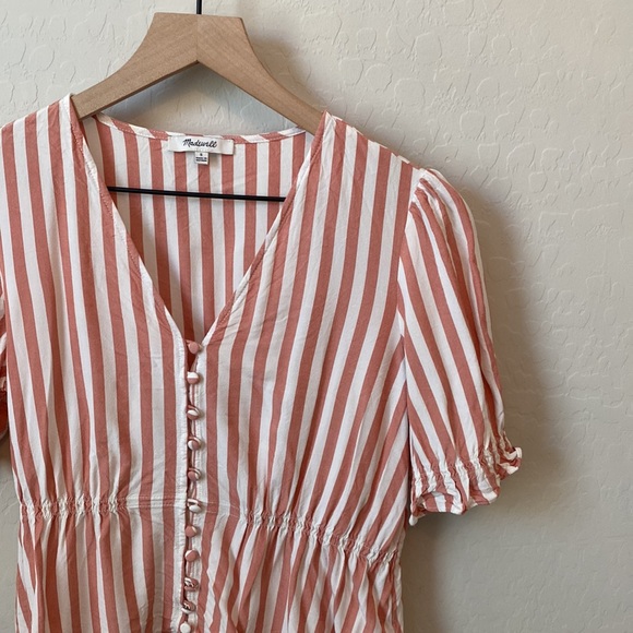 ❗️SOLD Madewell Short Sleeve Ruffle Peplum Pink & White Striped Blouse Small - Picture 2 of 7